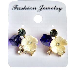 Flower Stud Earrings Cream Blue Green Stones Women Jewelry w/ Gift Bag